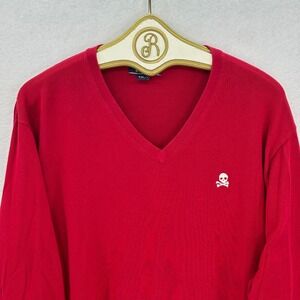 Lands' End Red Supima Cotton Skull Embroidered V-Neck Sweater Men XXL Tall